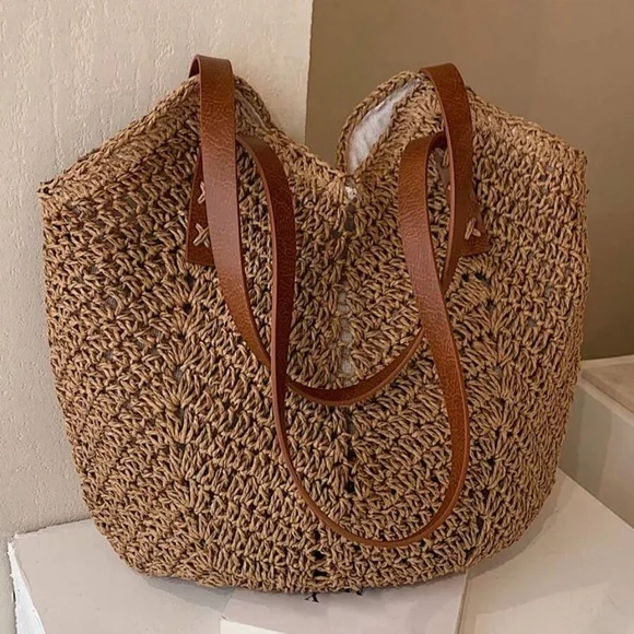 Boho Vegan Leather Strap Minimalist Straw Tote Bag - Picture 10 of 14